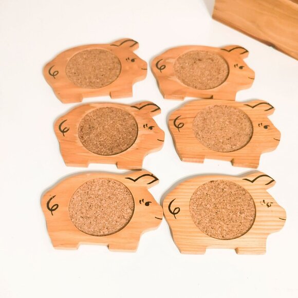 Vintage Rosenthal Netter Wooden Pig Set of 6 Coasters Farmhouse Countryside - Picture 5 of 5
